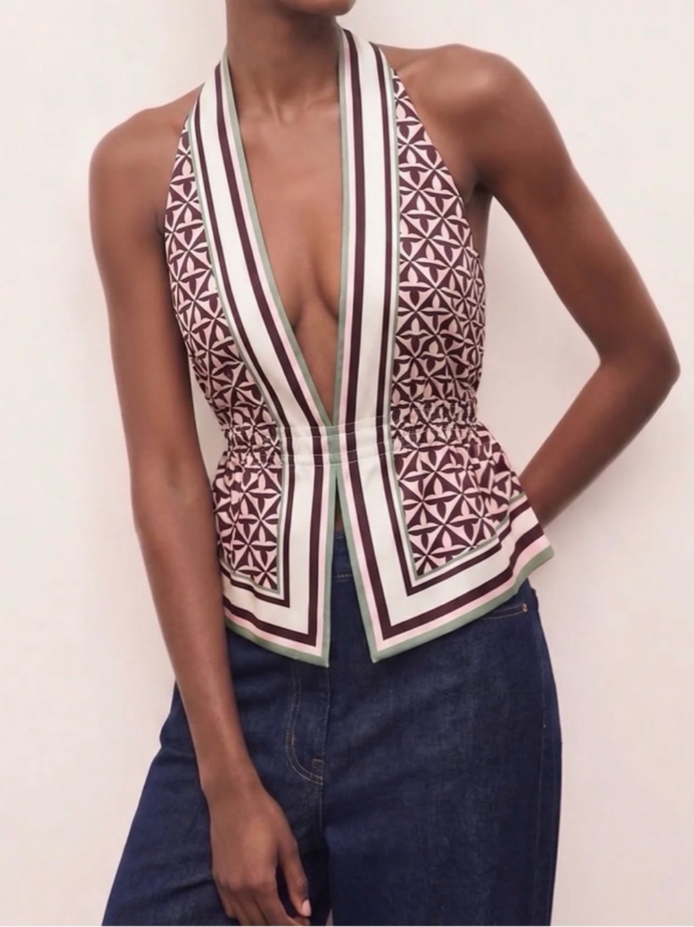 Commense Geometric Halter Peplum Top in Mauve Pink with Olive Trim